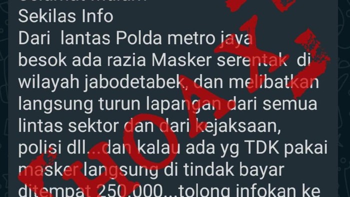 Beredar Isu Tak Pakai Masker Denda Rp 250 Ribu, Polisi: Hoax