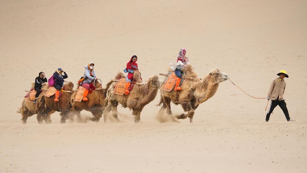 DUNHUANG , CHINA - APRIL 23:  Tourists rides on camels, walking on the desert on April 23, 2019 in Dunhuang, China. The Mingsha Shan desert (Mount Mingsha) is a part of the ancient silk road. Serving as an important platform for cultural exchange and economic cooperation among countries along the Belt and Road, Dunhuang City, which was a major stop on the ancient Silk Road. The 2nd \