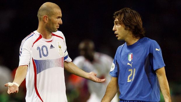 BERLIN - JULY 09:  Zinedine Zidane (L) of France exchanges words with Andrea Pirlo of Italy, after headbutting Marco Materazzi of Italy in the chest  during the FIFA World Cup Germany 2006 Final match between Italy and France at the Olympic Stadium on July 9, 2006 in Berlin, Germany.  (Photo by Michael Steele/Getty Images)