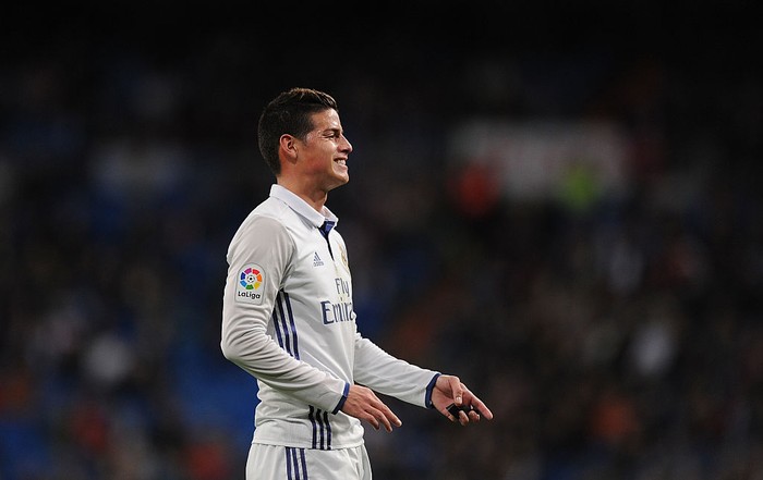 MADRID, SPAIN - NOVEMBER 30:  James Rodriguez of Real Madrid reacts during the Copa del Rey last of 32 match between Real Madrid and Cultural Leonesa at estadio Santiago Bernabeu on November 30, 2016 in Madrid, Spain.  (Photo by Denis Doyle/Getty Images)