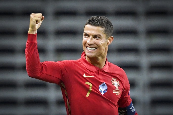 Portugals Ronaldo celebrates after scoring against Sweden during their UEFA Nations League Group stage soccer match at Friends Arena in Stockholm, Sweden, Tuesday Sept. 8, 2020. (Janerik Henriksson / TT via AP)