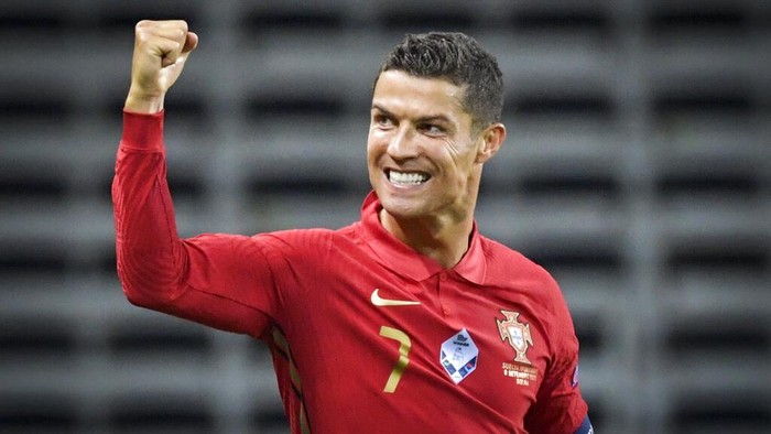 Portugals Ronaldo celebrates after scoring against Sweden during their UEFA Nations League Group stage soccer match at Friends Arena in Stockholm, Sweden, Tuesday Sept. 8, 2020. (Janerik Henriksson / TT via AP)