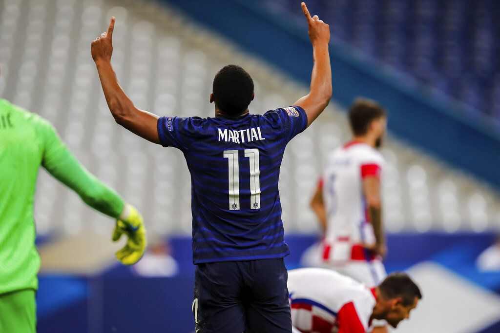 France's Anthony Martial celebrates after scoring during a UEFA Nations League soccer match against Croatia at the Stade de France stadium in Saint-Denis, north of Paris, France, Tuesday, Sept. 8, 2020. (AP Photo/Francois Mori)