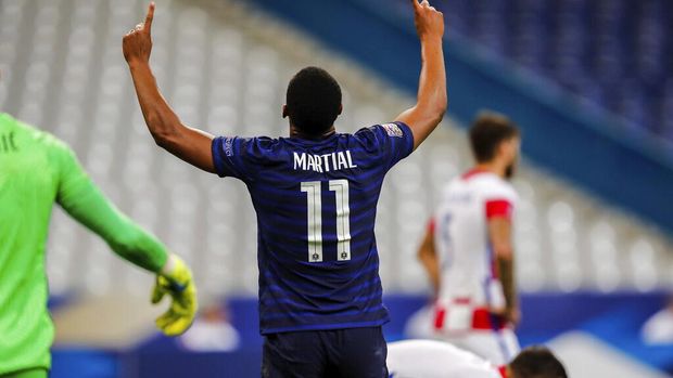 France's Anthony Martial celebrates after scoring during a UEFA Nations League soccer match against Croatia at the Stade de France stadium in Saint-Denis, north of Paris, France, Tuesday, Sept. 8, 2020. (AP Photo/Francois Mori)