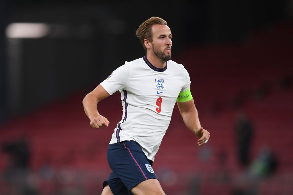 COPENHAGEN, DENMARK - SEPTEMBER 08: Harry Kane of England in a action during the UEFA Nations League group stage match between Denmark and England at Parken Stadium on September 08, 2020 in Copenhagen, Denmark. (Photo by Michael Regan/Getty Images)