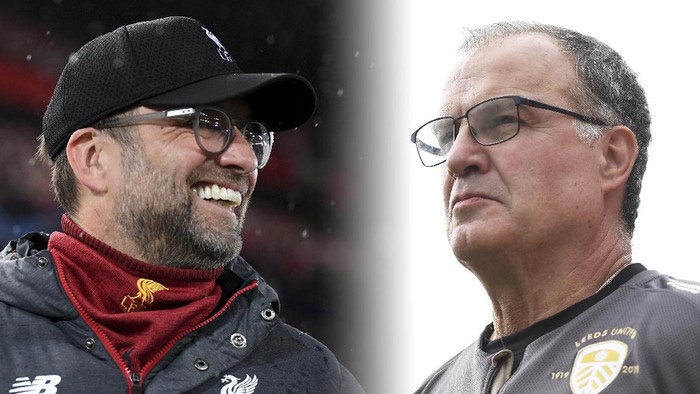 FILE PHOTO (EDITORS NOTE: COMPOSITE OF IMAGES - Image numbers 1211844295, 1174806171 - GRADIENT ADDED) In this composite image a comparison has been made between Jurgen Klopp, Manager of Liverpool (L) and Marcelo Bielsa manager of Leeds United. Liverpool and Leeds meet in a Premier League fixture on September 12,2020 at Anfield in Liverpool, England.  Leeds United return to the Premier League,16-years after being relegated at the end of the 2003/2004 season. ***LEFT IMAGE***  LIVERPOOL, ENGLAND - MARCH 11: Jurgen Klopp, Manager of Liverpool looks on prior to the UEFA Champions League round of 16 second leg match between Liverpool FC and Atletico Madrid at Anfield on March 11, 2020 in Liverpool, United Kingdom. (Photo by Laurence Griffiths/Getty Images) ***RIGHT IMAGE*** BARNSLEY, ENGLAND - SEPTEMBER 15: Marcelo Bielsa, manager of Leeds United looks on prior to the Sky Bet Championship match between Barnsley and Leeds United at Oakwell Stadium on September 15, 2019 in Barnsley, England. (Photo by George Wood/Getty Images)