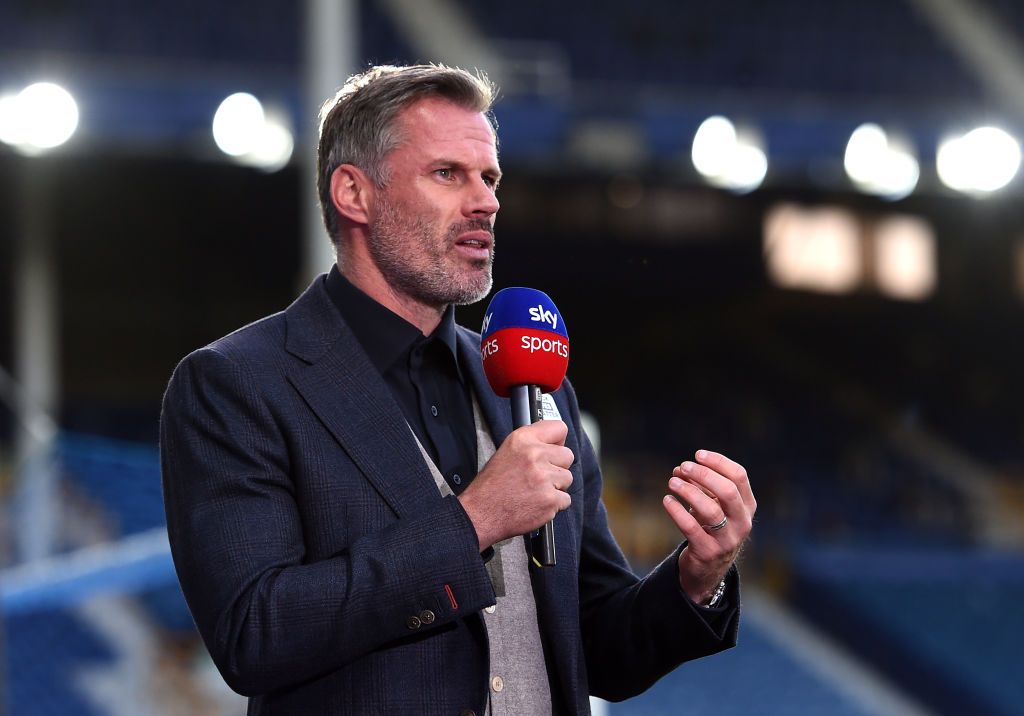 LIVERPOOL, ENGLAND - JUNE 21: Jamie Carragher speaks for Sky Sports after the Premier League match between Everton FC and Liverpool FC at Goodison Park on June 21, 2020 in Liverpool, England. Football Stadiums around Europe remain empty due to the Coronavirus Pandemic as Government social distancing laws prohibit fans inside venues resulting in all fixtures being played behind closed doors. (Photo by Peter Powell/Pool via Getty Images)