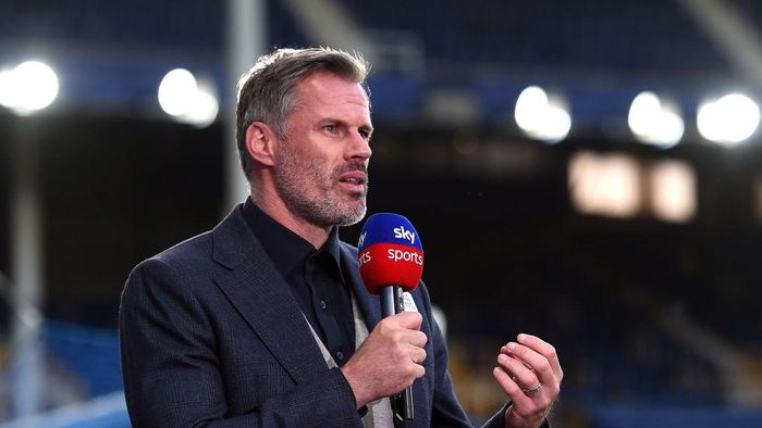 Jamie Carragher LIVERPOOL, ENGLAND - JUNE 21: Jamie Carragher speaks for Sky Sports after the Premier League match between Everton FC and Liverpool FC at Goodison Park on June 21, 2020 in Liverpool, England. Football Stadiums around Europe remain empty due to the Coronavirus Pandemic as Government social distancing laws prohibit fans inside venues resulting in all fixtures being played behind closed doors. (Photo by Peter Powell/Pool via Getty Images)