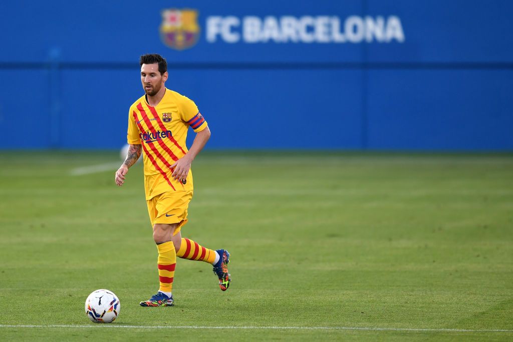 BARCELONA, SPAIN - SEPTEMBER 12: Lionel Messi of FC Barcelona reacts during the during the pre-season friendly match between FC Barcelona and Gimnastic de Tarragona at Estadi Johan Cruyff on September 12, 2020 in Barcelona, Spain. (Photo by David Ramos/Getty Images)