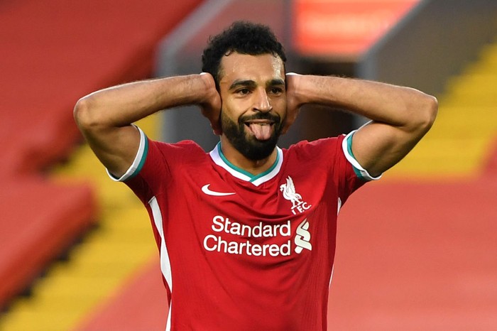 LIVERPOOL, ENGLAND - SEPTEMBER 12: Mohamed Salah of Liverpool celebrates after scoring his teams fourth goal during the Premier League match between Liverpool and Leeds United at Anfield on September 12, 2020 in Liverpool, England. (Photo by Shaun Botterill/Getty Images)