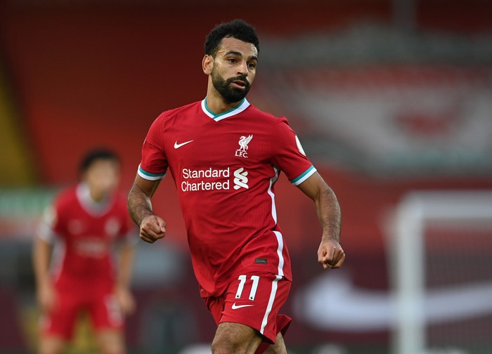 LIVERPOOL, ENGLAND - SEPTEMBER 12:  Mohamed Salah of Liverpool looks on during the Premier League match between Liverpool and Leeds United at Anfield on September 12, 2020 in Liverpool, England. (Photo by Shaun Botterill/Getty Images)