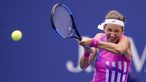 Victoria Azarenka, of Belarus, returns a shot to Naomi Osaka, of Japan, during the women's singles final of the US Open tennis championships, Saturday, Sept. 12, 2020, in New York. (AP Photo/Seth Wenig)