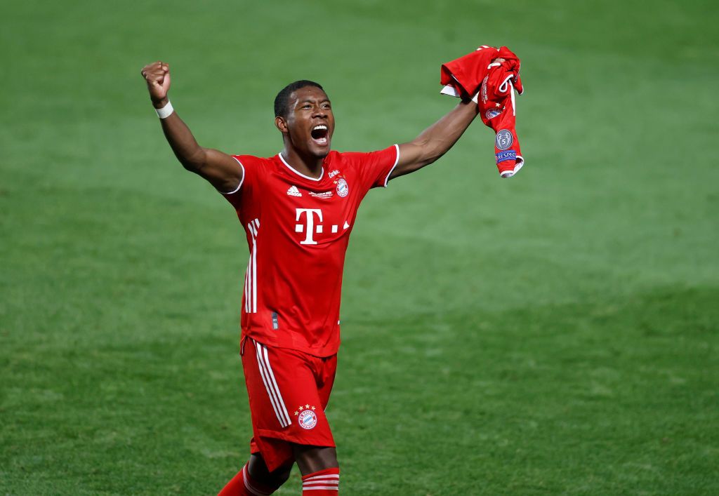LISBON, PORTUGAL - AUGUST 23: David Alaba of FC Bayern Munich celebrates following his team's victory in the UEFA Champions League Final match between Paris Saint-Germain and Bayern Munich at Estadio do Sport Lisboa e Benfica on August 23, 2020 in Lisbon, Portugal. (Photo by Matt Childs/Pool via Getty Images)