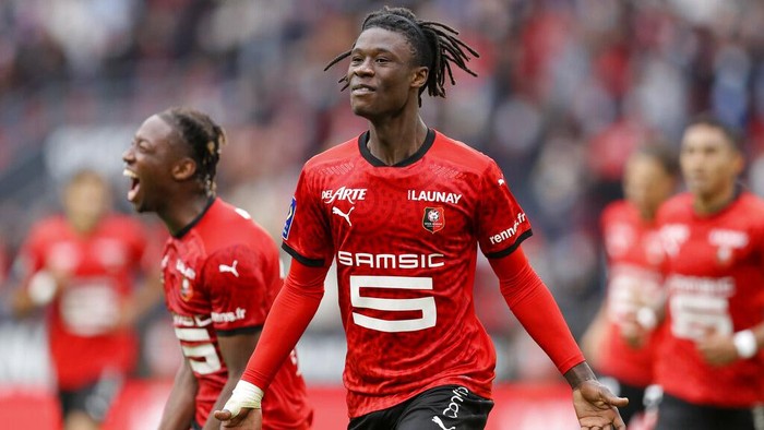 FILE- In this Saturday, Aug. 29, 2020 file photo, Rennes Eduardo Camavinga celebrates after scoring his sides second goal during the League One soccer match between Rennes and Montpellier, at the Roazhon Park stadium in Rennes, France. Judos loss is French soccers gain.
Having dreamed of kimonos as a kid, the 17-year-old Eduardo Camavinga is now the nations biggest talent since Kylian Mbappés sensational emergence with Monaco in 2016. (AP Photo/David Vincent, File)