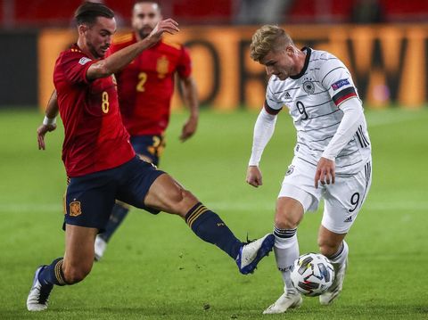 Germany Spain Soccer Nations League Germany's Timo Werner, right, duels for the ball with Spain's Fabian Ruiz during their UEFA Nations League soccer match at the Mercedes-Benz Arena stadium in Stuttgart, Germany, Thursday, Sept. 3, 2020. (AP Photo/Matthias Schrader)