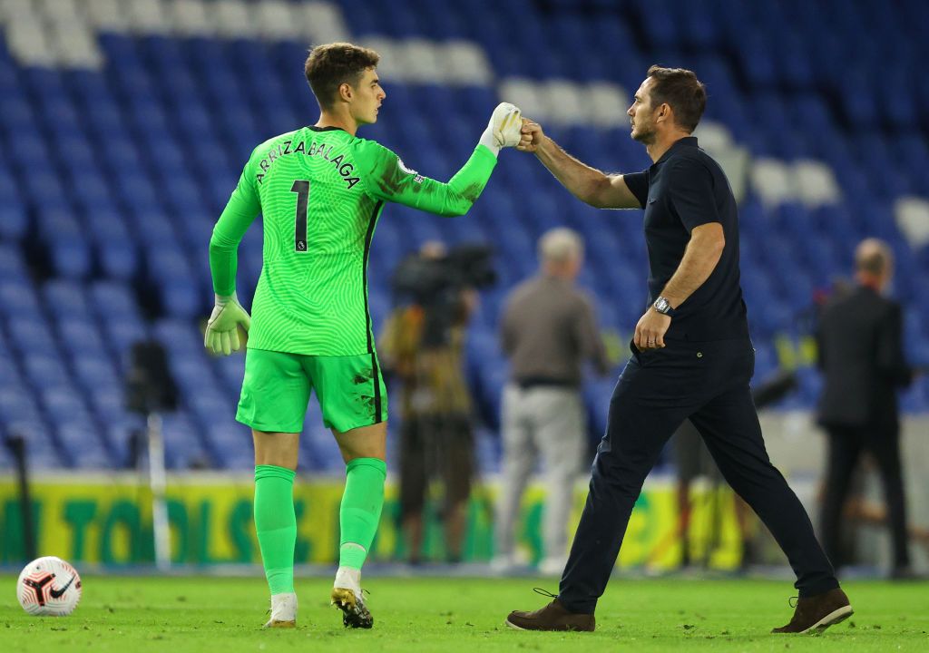 BRIGHTON, ENGLAND - SEPTEMBER 14: Frank Lampard, Manager of Chelsea fist bumps Kepa Arrizabalaga of Chelsea following the Premier League match between Brighton & Hove Albion and Chelsea at American Express Community Stadium on September 14, 2020 in Brighton, England. (Photo by Richard Heathcote/Getty Images)