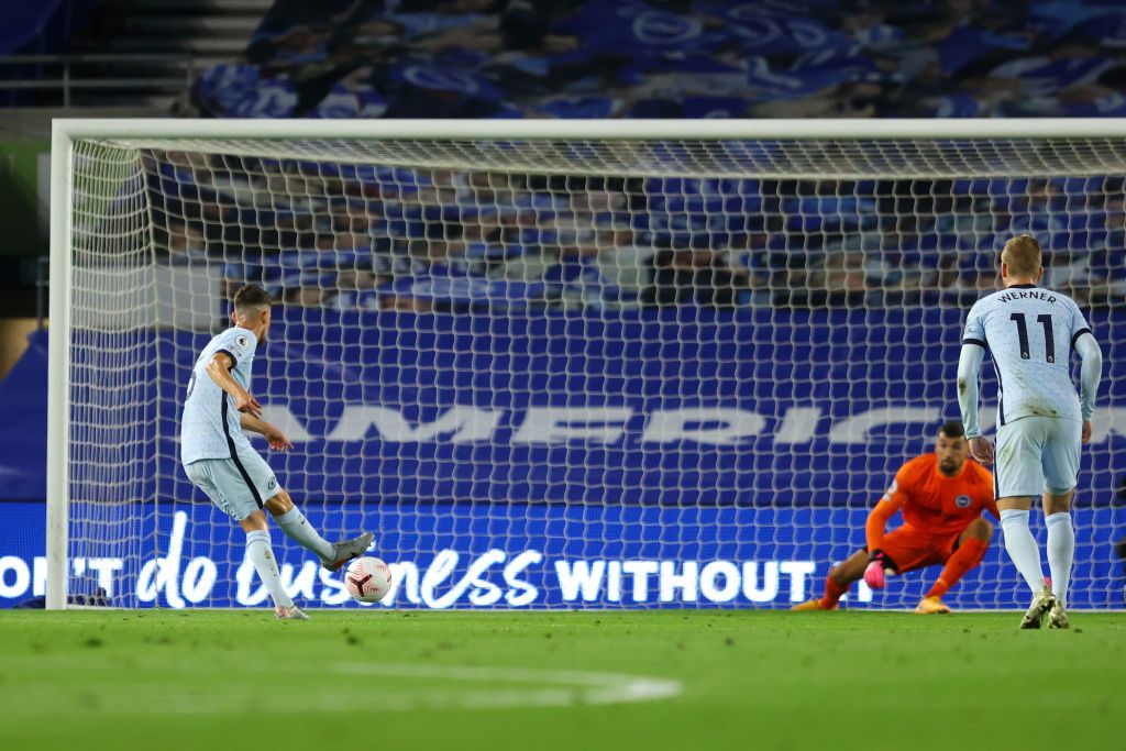 BRIGHTON, ENGLAND - SEPTEMBER 14: Jorginho of Chelsea scores his sides first goal during the Premier League match between Brighton & Hove Albion and Chelsea at American Express Community Stadium on September 14, 2020 in Brighton, England. (Photo by Glyn Kirk/Pool via Getty Images