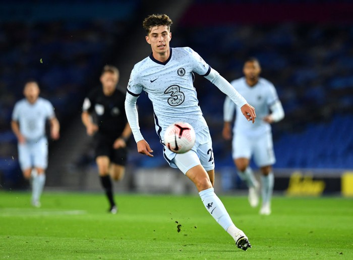 BRIGHTON, ENGLAND - SEPTEMBER 14: Kai Havertz of Chelsea runs with the ball during the Premier League match between Brighton & Hove Albion and Chelsea at American Express Community Stadium on September 14, 2020 in Brighton, England. (Photo by Glyn Kirk/Pool via Getty Images