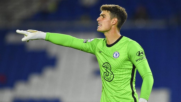 Chelseas goalkeeper Kepa Arrizabalaga gestures during the English Premier League soccer match between Brighton and Chelsea at Falmer Stadium in Brighton, England, Monday, Sept. 14, 2020. (Glynn Kirk/Pool via AP)