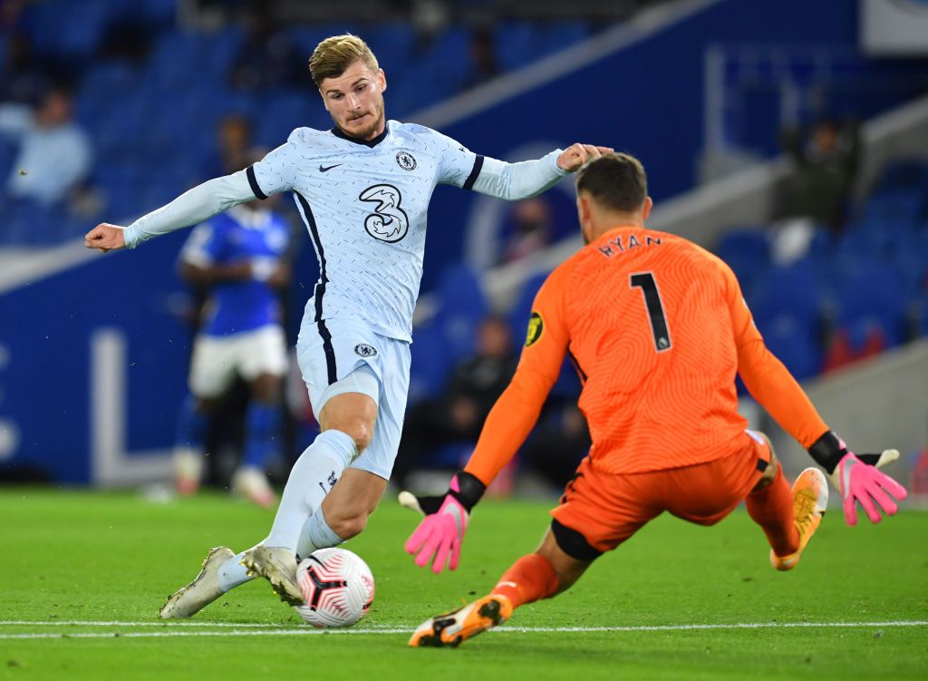 BRIGHTON, ENGLAND - SEPTEMBER 14: Timo Werner of Chelsea in action during the Premier League match between Brighton & Hove Albion and Chelsea at American Express Community Stadium on September 14, 2020 in Brighton, England. (Photo by Richard Heathcote/Getty Images)