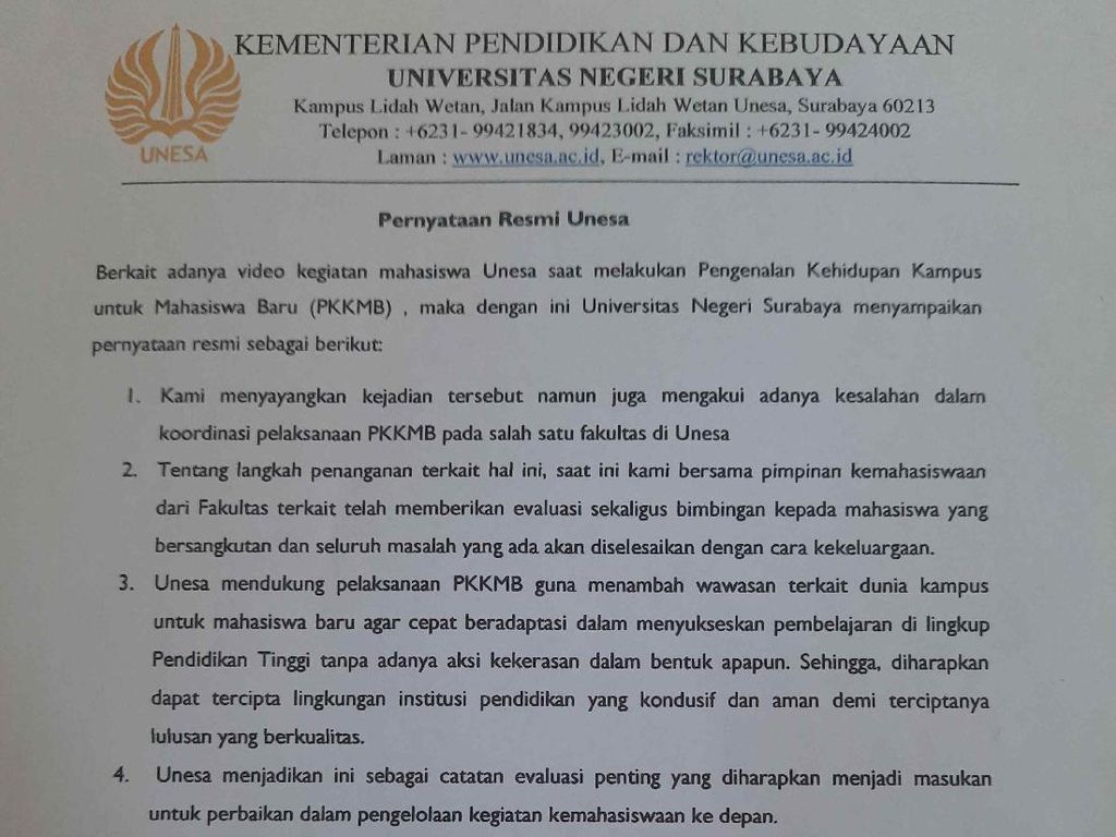 Penjelasan Unesa Soal Viral Video Ospek Senior Bentak-bentak Mahasiswa Baru Penjelasan Unesa Soal Viral Video Ospek Senior Bentak-bentak Mahasiswa Baru