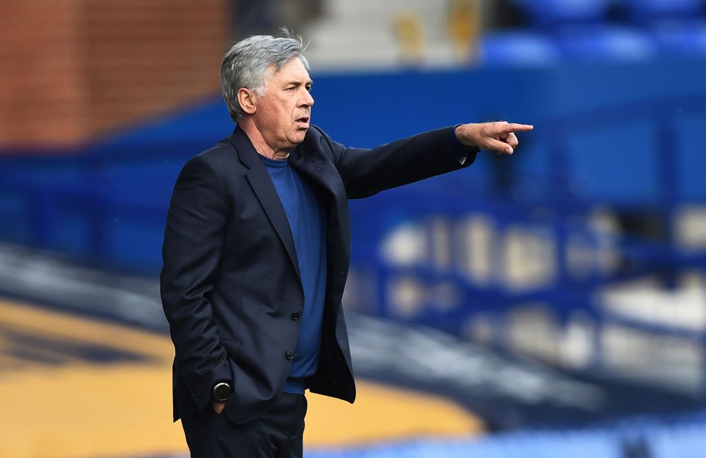 LIVERPOOL, ENGLAND - SEPTEMBER 05: Carlo Ancelotti manager of Everton gestures during the pre-season friendly match between Everton and Preston North End at Goodison Park on September 05, 2020 in Liverpool, England. (Photo by Nathan Stirk/Getty Images)