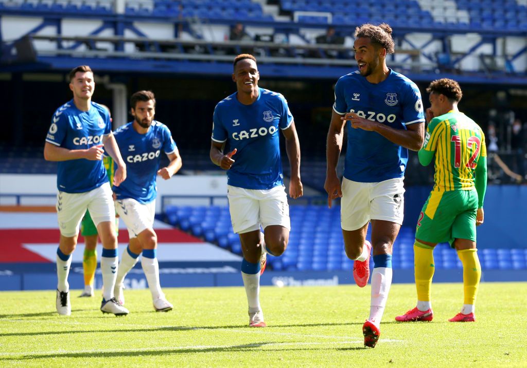 LIVERPOOL, ENGLAND - SEPTEMBER 19: Dominic Calvert-Lewin of Everton celebrates after scoring his team's fifth goal during the Premier League match between Everton and West Bromwich Albion at Goodison Park on September 19, 2020 in Liverpool, England. (Photo by Alex Livesey/Getty Images)