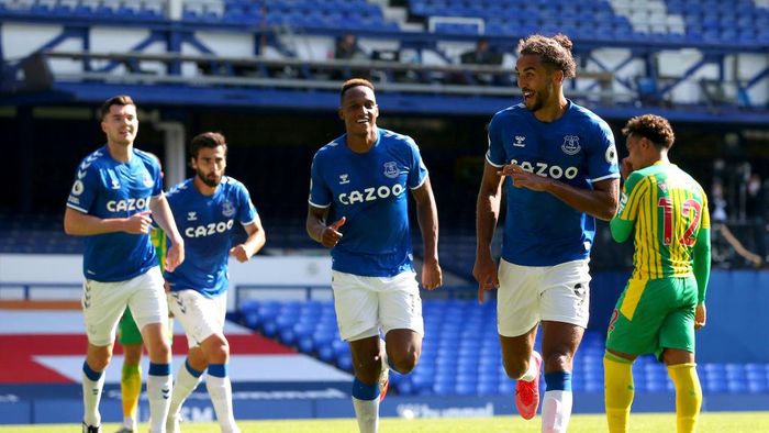 Everton vs West Brom LIVERPOOL, ENGLAND - SEPTEMBER 19: Dominic Calvert-Lewin of Everton celebrates after scoring his teams fifth goal during the Premier League match between Everton and West Bromwich Albion at Goodison Park on September 19, 2020 in Liverpool, England. (Photo by Alex Livesey/Getty Images)