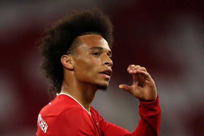 Leroy Sane Bayern Munich MUNICH, GERMANY - SEPTEMBER 18: Leroy Sane of Bayern Munich celebrates after he scores his teams seventh goal during the Bundesliga match between FC Bayern Muenchen and FC Schalke 04 at Allianz Arena on September 18, 2020 in Munich, Germany. Fans are set to return to Bundesliga stadiums in Germany despite to the ongoing Coronavirus Pandemic. Up to 20% of stadium's capacity are allowed to be filled. Final decisions are left to local health authorities and are subject to club's hygiene concepts and the infection numbers in the corresponding region. The match in Munich is played behind closed doors due to the high number of new Covid-19 cases in the city of Munich. (Photo by Alexander Hassenstein/Getty Images)