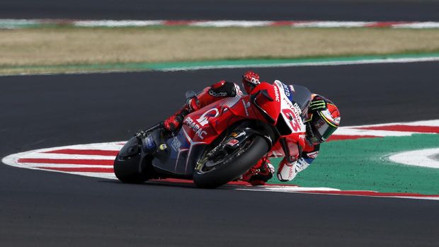 MotoGP rider Francesco Bagnaia of Italy takes a curve during the Emilia Romagna Motorcycle Grand Prix at the Misano circuit in Misano Adriatico, Italy, Sunday, Sept. 20, 2020. (AP Photo/Antonio Calanni)