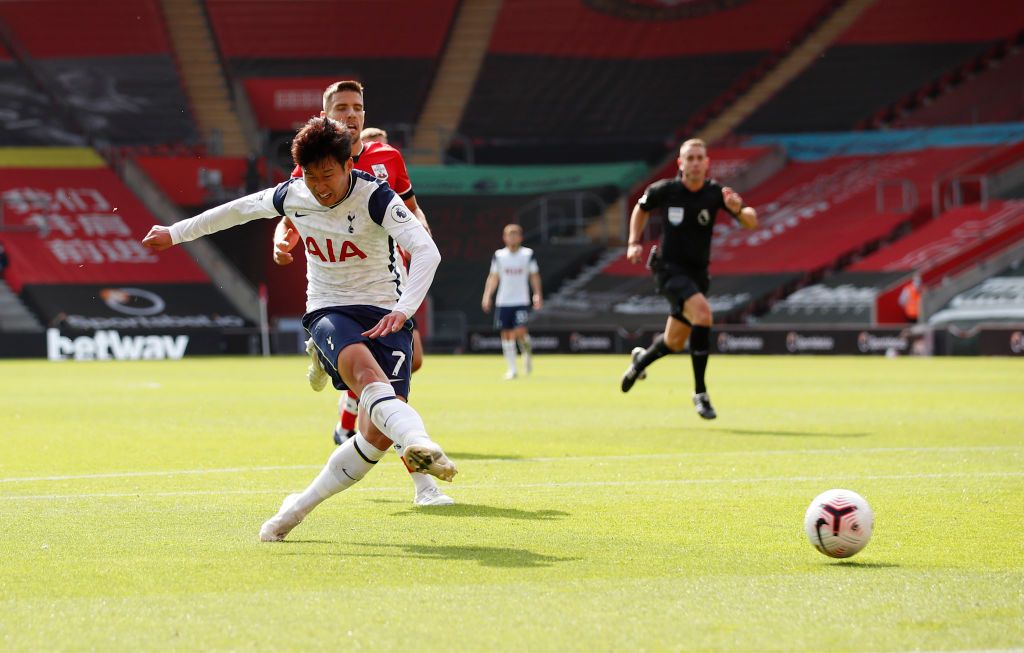 SOUTHAMPTON, ENGLAND - SEPTEMBER 20: Heung-Min Son of Tottenham Hotspur celebrates after scoring his team's second goal during the Premier League match between Southampton and Tottenham Hotspur at St Mary's Stadium on September 20, 2020 in Southampton, England. (Photo by Catherine Ivill/Getty Images)