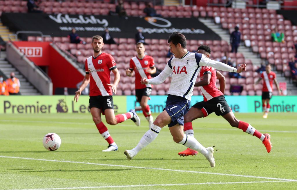 SOUTHAMPTON, ENGLAND - SEPTEMBER 20: Heung-Min Son of Tottenham Hotspur celebrates after scoring his team's second goal during the Premier League match between Southampton and Tottenham Hotspur at St Mary's Stadium on September 20, 2020 in Southampton, England. (Photo by Catherine Ivill/Getty Images)