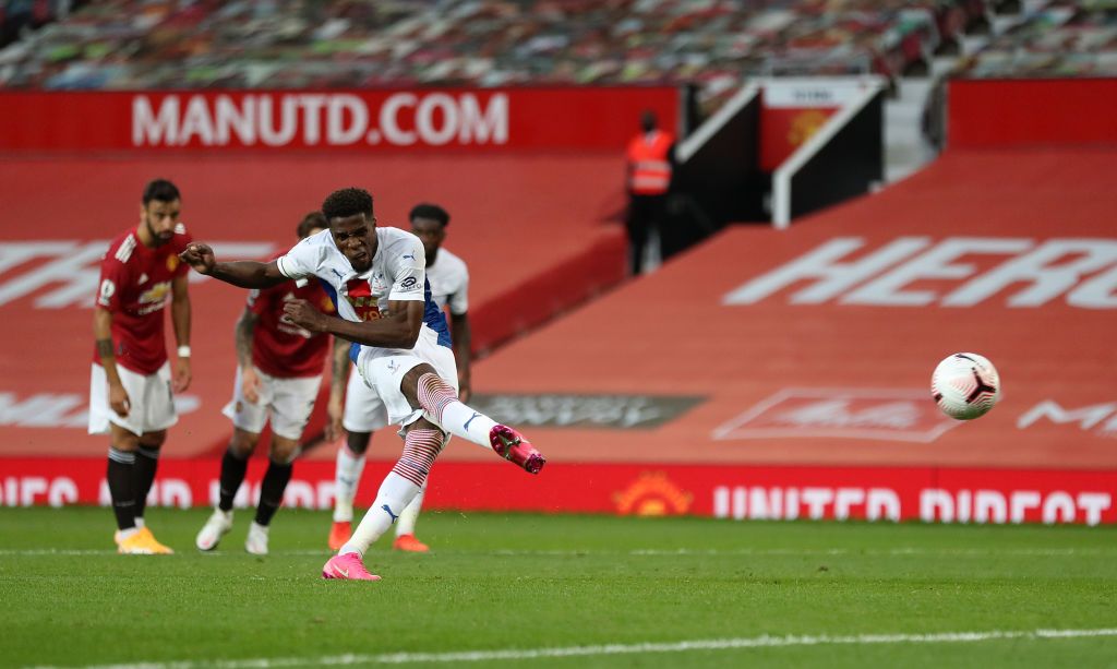 MANCHESTER, ENGLAND - SEPTEMBER 19: Wilfried Zaha of Crystal Palace warms up prior to the Premier League match between Manchester United and Crystal Palace at Old Trafford on September 19, 2020 in Manchester, England. (Photo by Shaun Botterill/Getty Images)