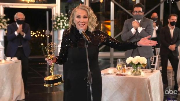 In this video grab captured on Sept. 20, 2020, courtesy of the Academy of Television Arts & Sciences and ABC Entertainment, Regina King accepts the award for outstanding lead actress in a limited series or movie for 