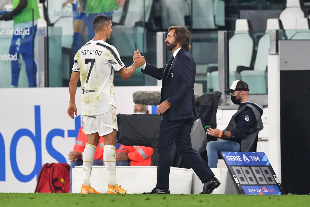 TURIN, ITALY - SEPTEMBER 20:  Cristiano Ronaldo (L) and Juventus head coach Andrea Pirlo celebrate victory at the end of the Serie A match between Juventus and UC Sampdoria at Allianz Stadium on September 20, 2020 in Turin, Italy.  Photo by Valerio Pennicino/Getty Images)  (Photo by Valerio Pennicino/Juventus FC via Getty Images)