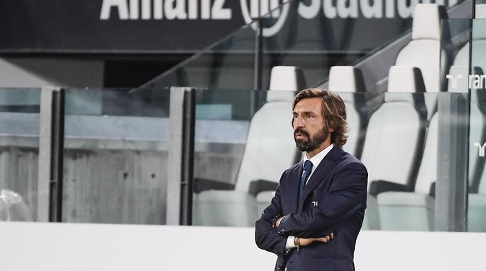 Juventus coach Andrea Pirlo watches the Italian Serie A soccer match between Juventus and Sampdoria at the Allianz stadium in Turin, Italy, Sunday, Sept. 20, 2020. (Marco Alpozzi/LaPresse via AP)