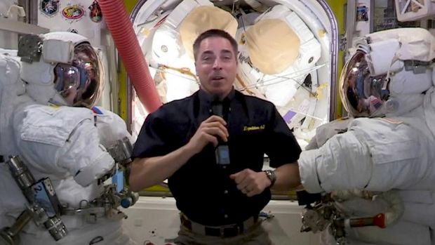 In this video grab captured on Sept. 20, 2020, courtesy of the Academy of Television Arts & Sciences and ABC Entertainment, NASA astronaut Christopher Cassidy speaks from the International Space Station during the 72nd Emmy Awards broadcast. (The Television Academy and ABC Entertainment via AP)