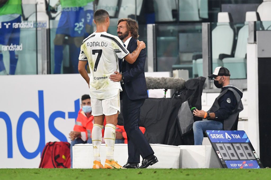 TURIN, ITALY - SEPTEMBER 20:  Cristiano Ronaldo (L) and Juventus head coach Andrea Pirlo celebrate victory at the end of the Serie A match between Juventus and UC Sampdoria at Allianz Stadium on September 20, 2020 in Turin, Italy.   (Photo by Valerio Pennicino/Juventus FC via Getty Images)