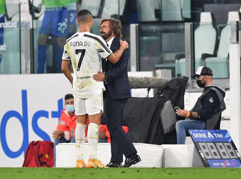 TURIN, ITALY - SEPTEMBER 20:  Cristiano Ronaldo (L) and Juventus head coach Andrea Pirlo celebrate victory at the end of the Serie A match between Juventus and UC Sampdoria at Allianz Stadium on September 20, 2020 in Turin, Italy.   (Photo by Valerio Pennicino/Juventus FC via Getty Images)