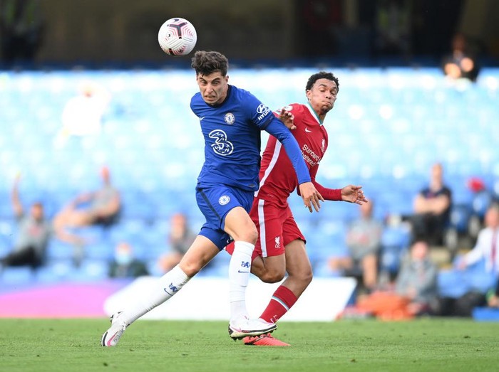 LONDON, ENGLAND - SEPTEMBER 20: Kai Havertz of Chelsea reacts during the Premier League match between Chelsea and Liverpool at Stamford Bridge on September 20, 2020 in London, England. (Photo by Matt Dunham - Pool/Getty Images)