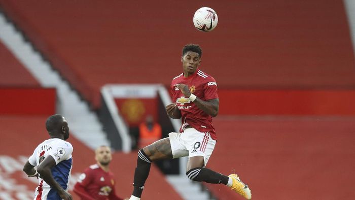 Rashford Manchester Uniteds Marcus Rashford heads the ball during the English Premier League soccer match between Manchester United and Crystal Palace at the Old Trafford stadium in Manchester, England, Saturday, Sept. 19, 2020. (Martin Rickett /Pool via AP)