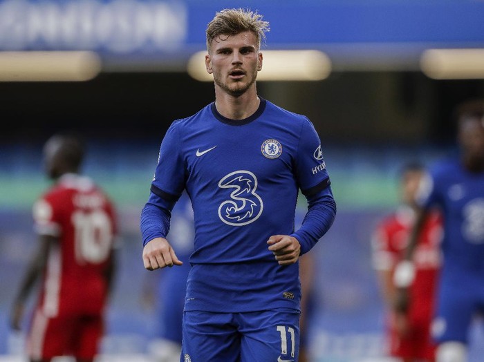 Chelsea's Timo Werner during the English Premier League soccer match between Chelsea and Liverpool at Stamford Bridge Stadium, Sunday, Sept. 20, 2020. (AP Photo/Matt Dunham, Pool)