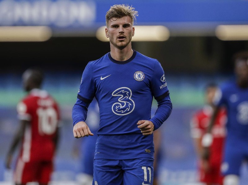 Chelsea's Timo Werner during the English Premier League soccer match between Chelsea and Liverpool at Stamford Bridge Stadium, Sunday, Sept. 20, 2020. (AP Photo/Matt Dunham, Pool)
