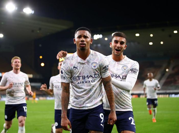 Manchester City WOLVERHAMPTON, ENGLAND - SEPTEMBER 21: Gabriel Jesus of Manchester City celebrates with Ferran Torres after scoring his teams third goal during the Premier League match between Wolverhampton Wanderers and Manchester City at Molineux on September 21, 2020 in Wolverhampton, England. (Photo by Marc Atkins/Getty Images)