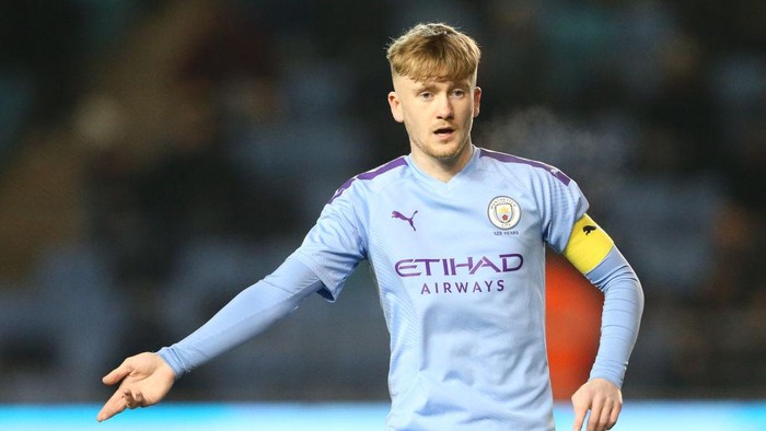 MANCHESTER, ENGLAND - FEBRUARY 06: Tommy Doyle of Manchester City reacts during the FA Youth Cup: Fifth Round match between Manchester City and Fulham FC at The Academy Stadium on February 06, 2020 in Manchester, England. (Photo by Charlotte Tattersall/Getty Images)