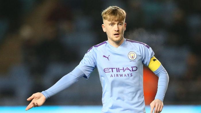 Tommy Doyle MANCHESTER, ENGLAND - FEBRUARY 06: Tommy Doyle of Manchester City reacts during the FA Youth Cup: Fifth Round match between Manchester City and Fulham FC at The Academy Stadium on February 06, 2020 in Manchester, England. (Photo by Charlotte Tattersall/Getty Images)