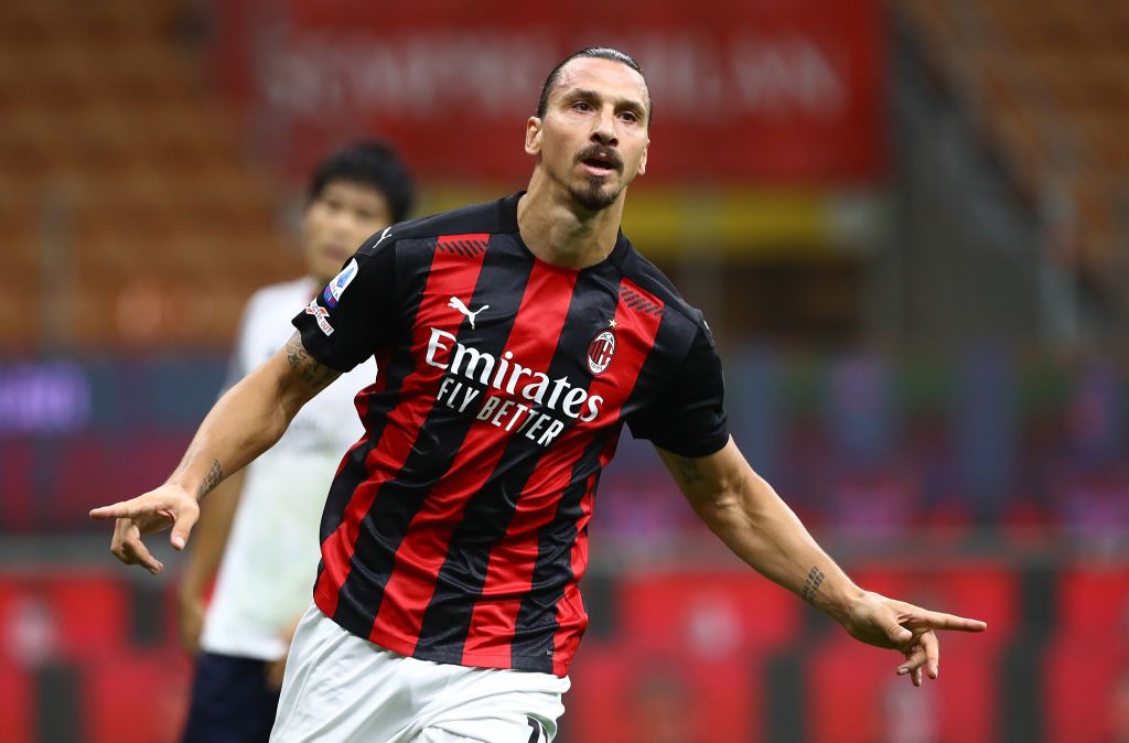 MILAN, ITALY - SEPTEMBER 21:  Zlatan Ibrahimovic of AC Milan celebrates after scoring the opening goal during the Serie A match between AC Milan and Bologna FC at Stadio Giuseppe Meazza on September 21, 2020 in Milan, Italy.  (Photo by Marco Luzzani/Getty Images)
