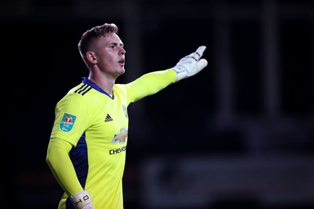 LUTON, ENGLAND - SEPTEMBER 22: Dean Henderson of Manchester United reacts during the Carabao Cup Third Round match between Luton Town and Manchester United at Kenilworth Road on September 22, 2020 in Luton, England. Sporting Stadiums around Europe remain empty due to the Coronavirus Pandemic as Government social distancing laws prohibit fans inside venues resulting in games being played behind closed doors (Photo by Nick Potts - Pool/Getty Images)