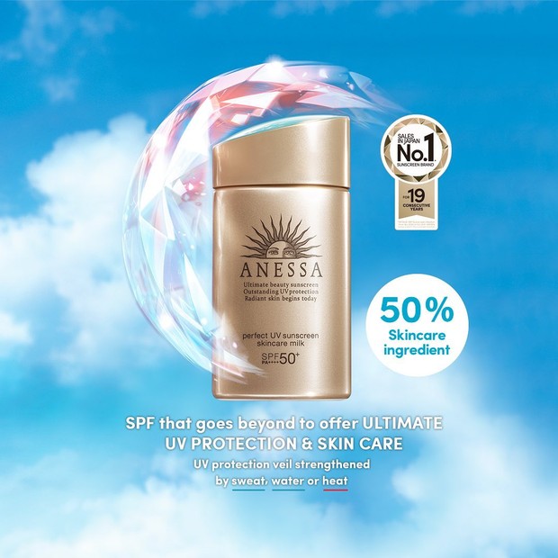 Anessa Perfect UV Sunscreen Skincare SPF 50+ PA++++ merupakan sunscreen nomor satu di Jepang selama 19 tahun berturut-turut.