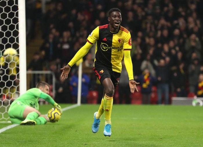 WATFORD, ENGLAND - DECEMBER 28: Ismaila Sarr of Watford celebrates after scoring his sides third goal during the Premier League match between Watford FC and Aston Villa at Vicarage Road on December 28, 2019 in Watford, United Kingdom. (Photo by Catherine Ivill/Getty Images)